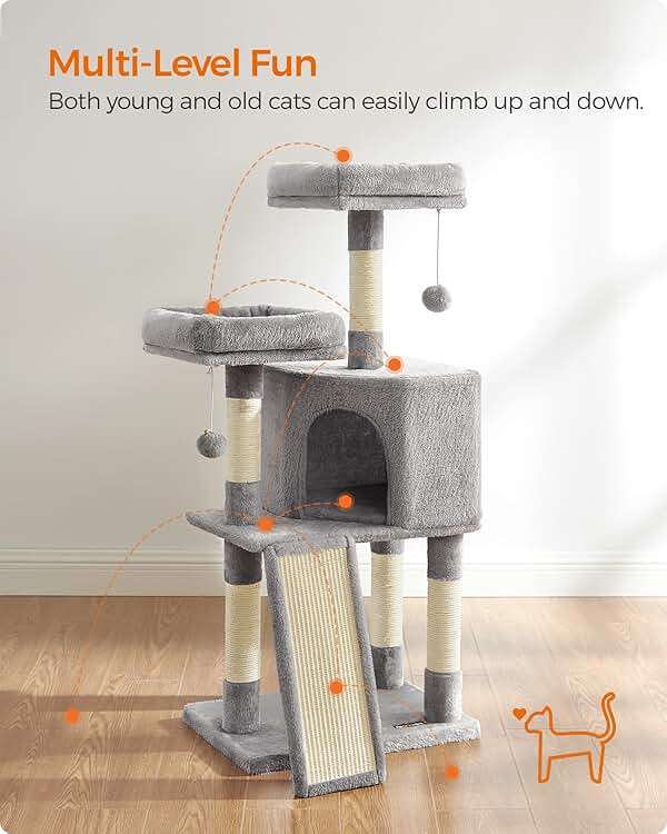 Feandrea Cat Tree, 45.3-Inch Cat Tower, Plush Condo with Scratching Post, Ramp, Perch, Spacious Cave, for Small Space, Light Gray UPCT141W01 - Image 2