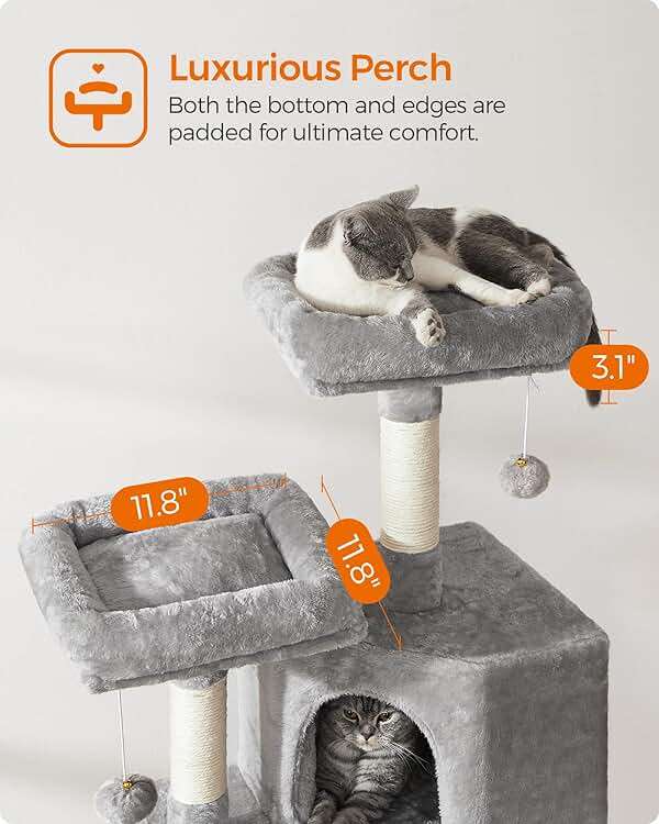 Feandrea Cat Tree, 45.3-Inch Cat Tower, Plush Condo with Scratching Post, Ramp, Perch, Spacious Cave, for Small Space, Light Gray UPCT141W01 - Image 3