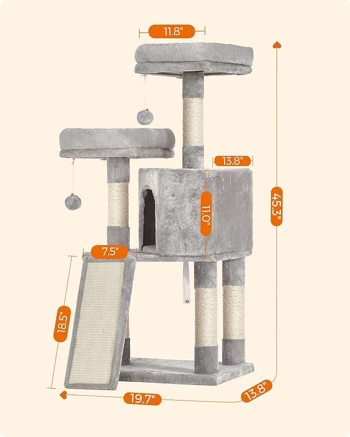 Feandrea Cat Tree, 45.3-Inch Cat Tower, Plush Condo with Scratching Post, Ramp, Perch, Spacious Cave, for Small Space, Light Gray UPCT141W01 - Image 5