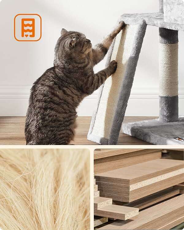 Feandrea Cat Tree, 45.3-Inch Cat Tower, Plush Condo with Scratching Post, Ramp, Perch, Spacious Cave, for Small Space, Light Gray UPCT141W01 - Image 6