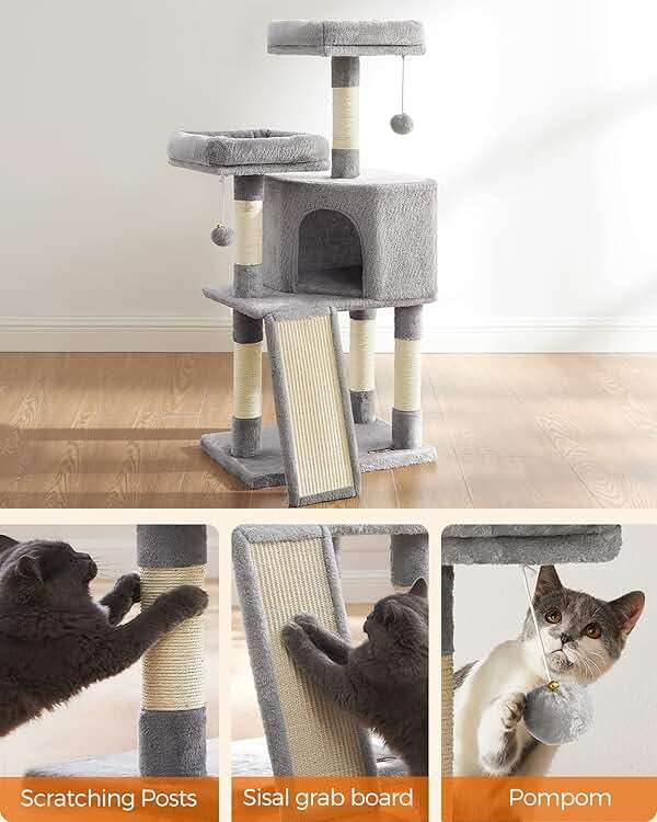 Feandrea Cat Tree, 45.3-Inch Cat Tower, Plush Condo with Scratching Post, Ramp, Perch, Spacious Cave, for Small Space, Light Gray UPCT141W01 - Image 7