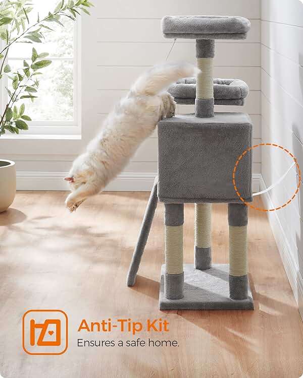 Feandrea Cat Tree, 45.3-Inch Cat Tower, Plush Condo with Scratching Post, Ramp, Perch, Spacious Cave, for Small Space, Light Gray UPCT141W01 - Image 8