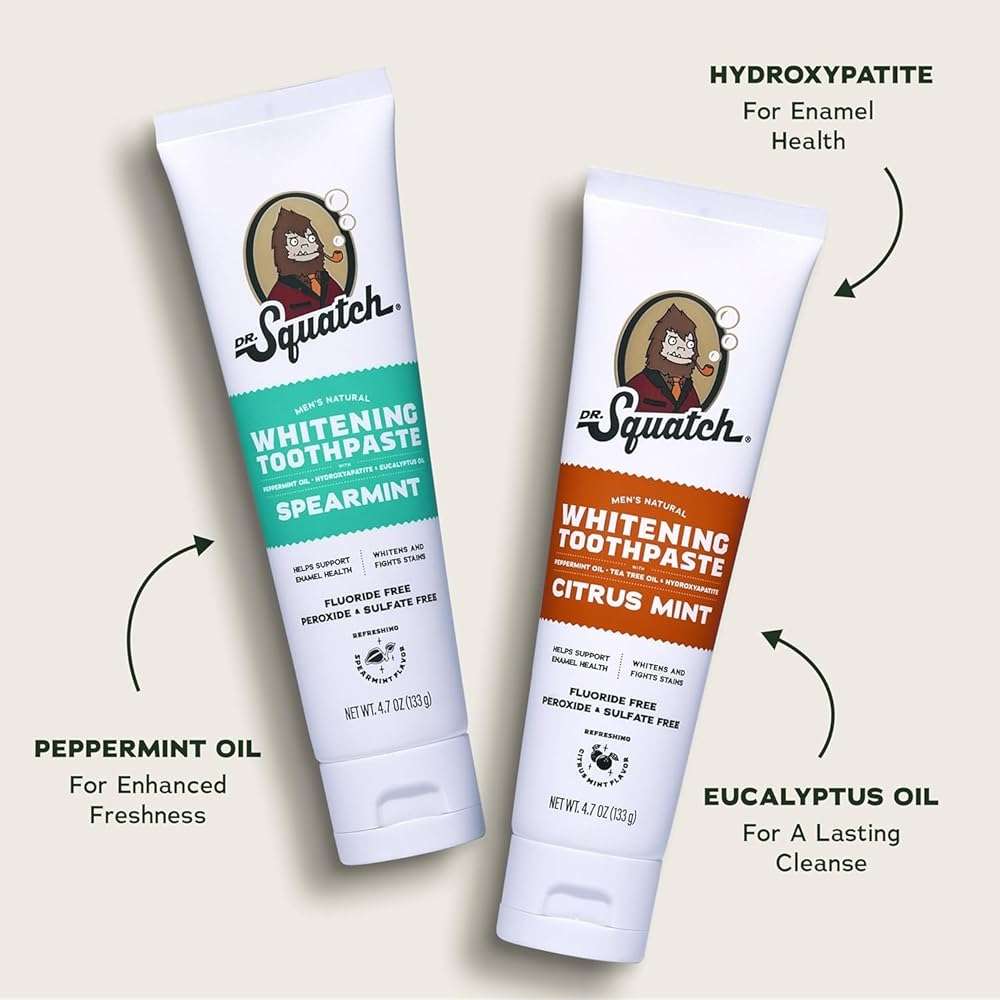 Dr. Squatch Hydroxyapatite Toothpaste Whitening - Natural, Fluoride-Free Toothpaste - Enamel Support - Day & Night Set - Citrus Mint & Spearmint, (4.7 oz, 2-Pack) - Image 2