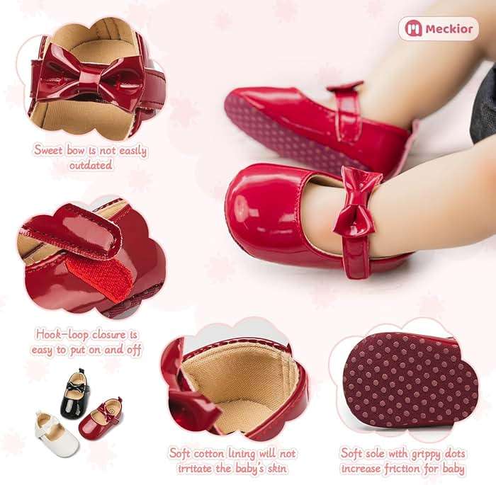 Meckior Infant Baby Girls Soft Sole Bowknot Princess Wedding Dress Mary Jane Flats Prewalker Newborn Light Baby Sneaker Shoes - Image 5