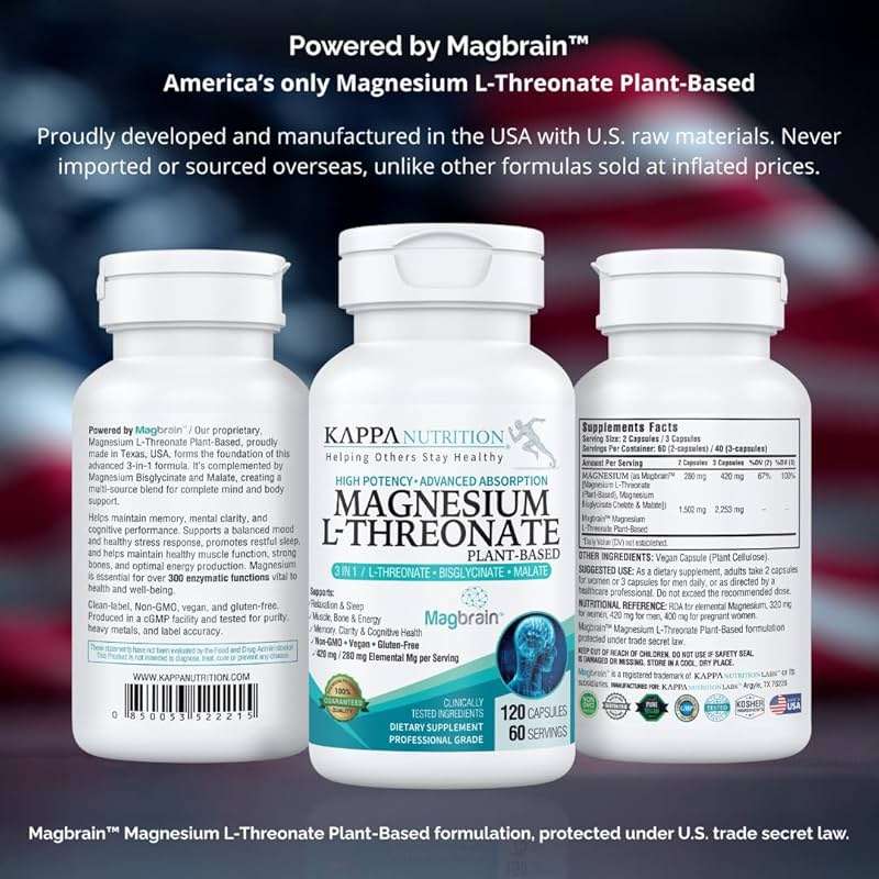 Kappa Nutrition Powered by Magbrain™ Magnesium L-Threonate Plant-Based, 420mg Elemental Magnesium (3 Capsules) from 2,253mg, 120 Vegan Capsules, Brain, Sleep & Muscle Support. - Image 4