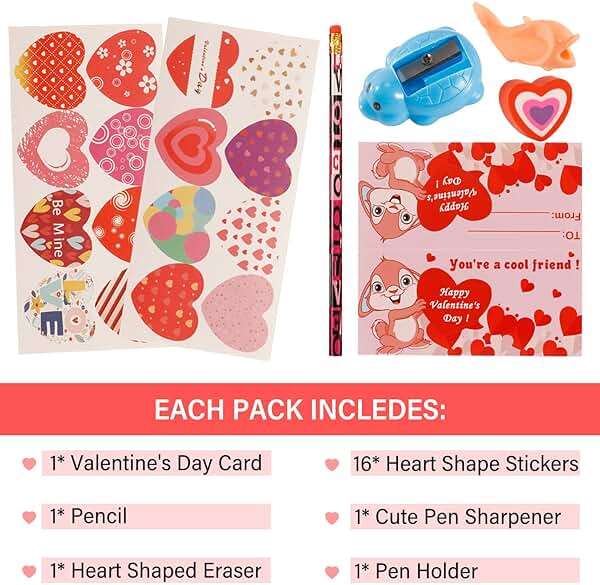 Valentine's Day Gifts for Kids Classroom - 28 Packs Super Value Stationery Kit, Cards, Pencils, Erasers, Pen Sharpeners, Holders, Exchange Party Favors Toys - Image 4