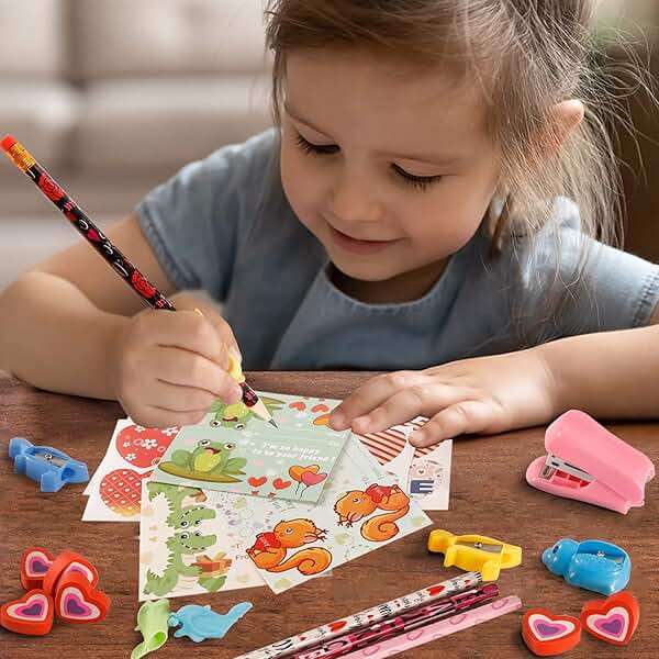Valentine's Day Gifts for Kids Classroom - 28 Packs Super Value Stationery Kit, Cards, Pencils, Erasers, Pen Sharpeners, Holders, Exchange Party Favors Toys - Image 6