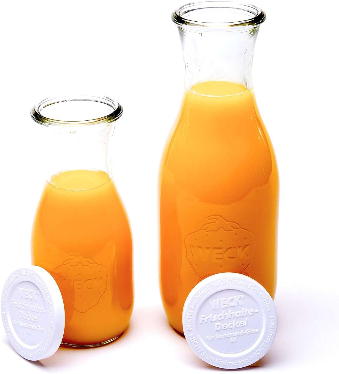 Weck Juice Jar Combo Pack - (1) 766 1-Liter jar (1) 764 1/2-Liter jar with Glass Lids, Rubber Rings and Steel Clamps & Keep Fresh Lids - Image 1