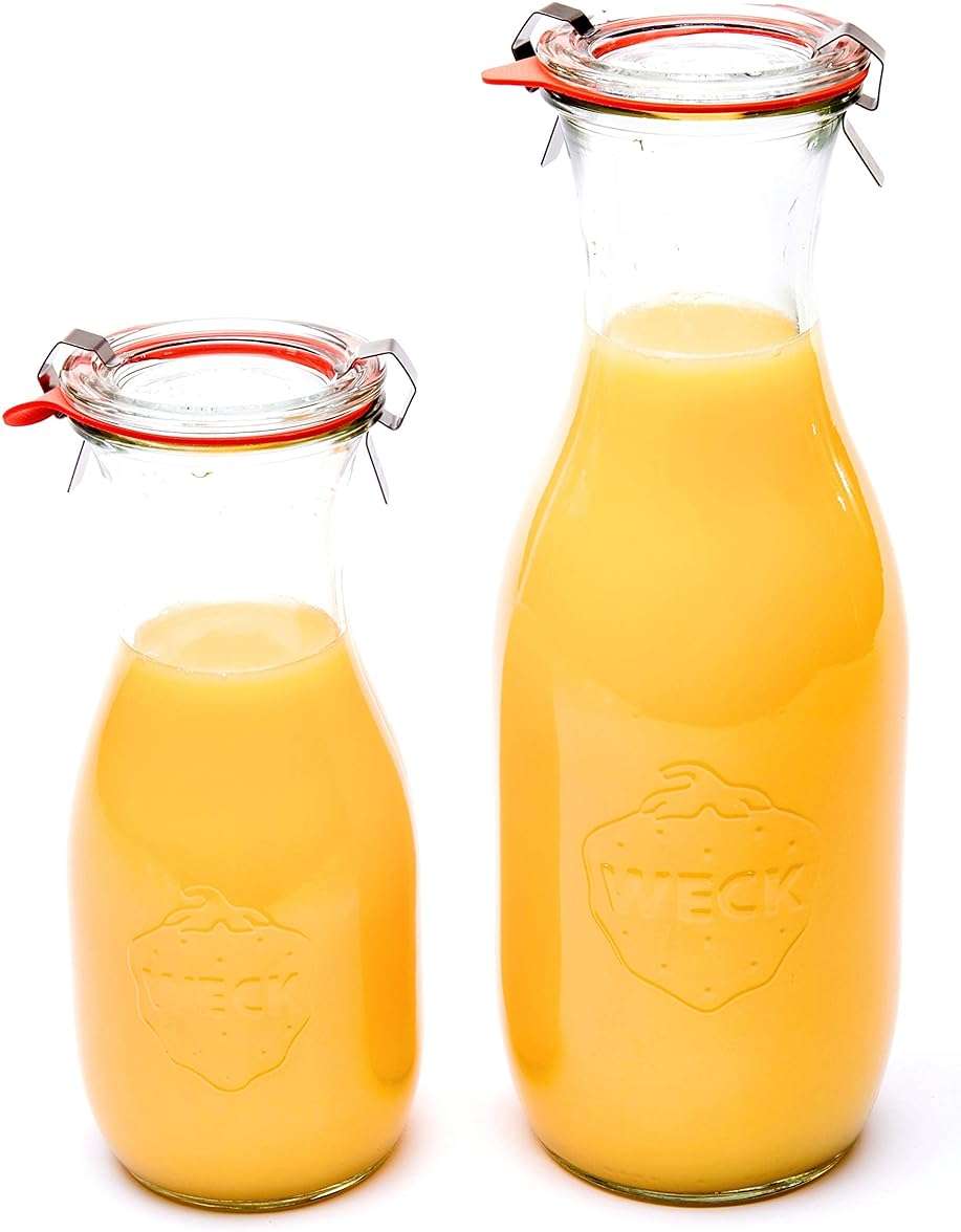 Weck Juice Jar Combo Pack - (1) 766 1-Liter jar (1) 764 1/2-Liter jar with Glass Lids, Rubber Rings and Steel Clamps & Keep Fresh Lids - Image 2