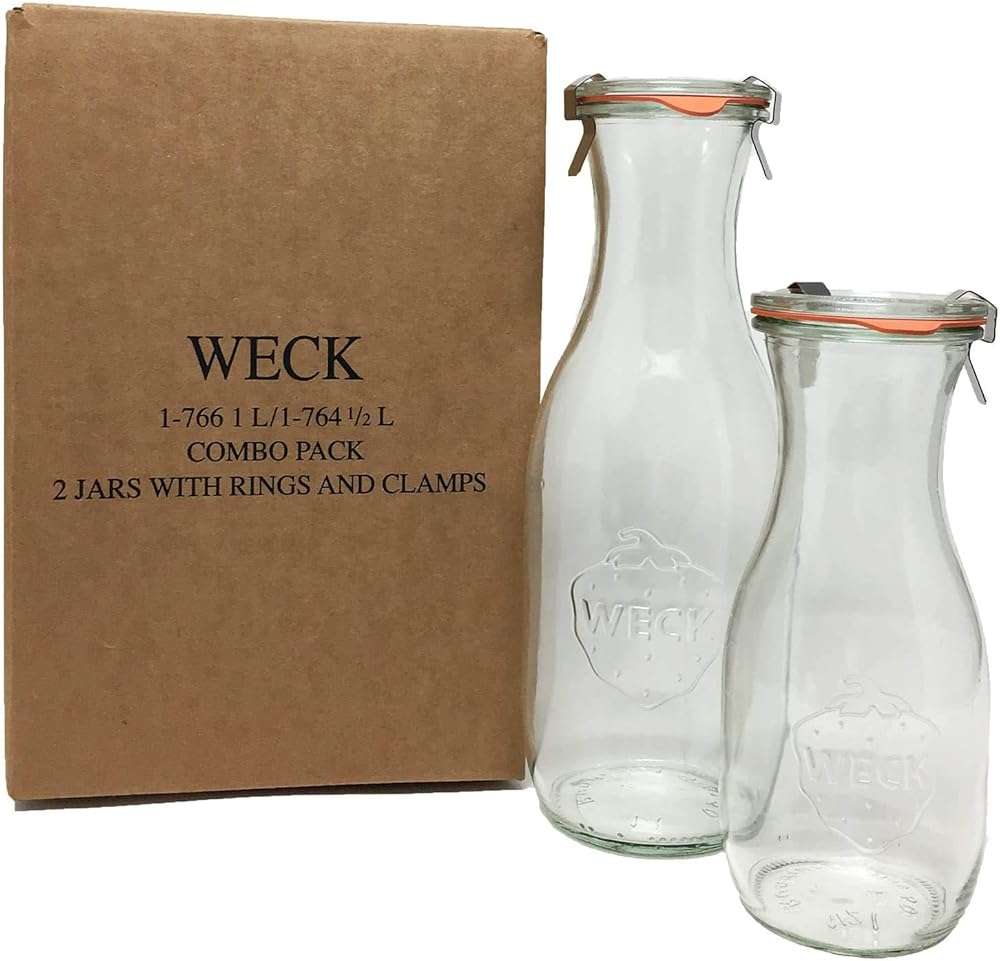Weck Juice Jar Combo Pack - (1) 766 1-Liter jar (1) 764 1/2-Liter jar with Glass Lids, Rubber Rings and Steel Clamps & Keep Fresh Lids - Image 3