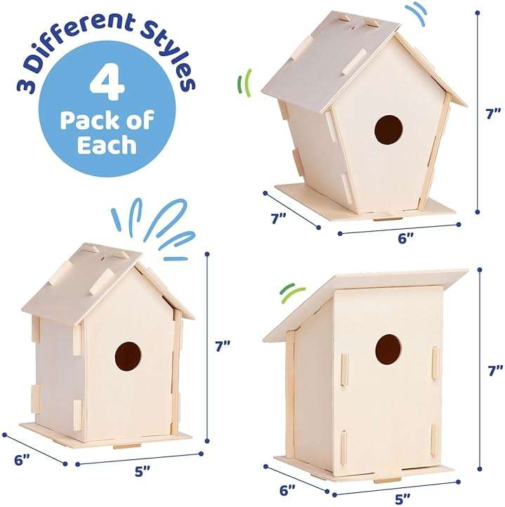 Neliblu DIY 12 Wooden Bird House Kits - Creative Arts and Crafts Set for Kids and Adults - Unfinished Wood Birdhouses with Paint Strips, Brushes, Stickers and Strings - 3 Unique Shapes, 2 Sizes - Image 2