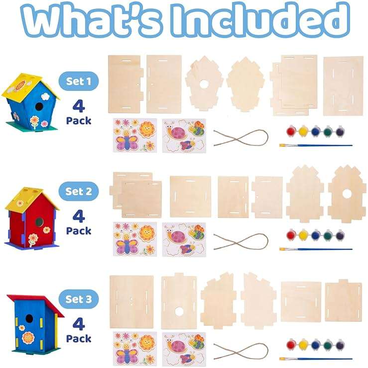 Neliblu DIY 12 Wooden Bird House Kits - Creative Arts and Crafts Set for Kids and Adults - Unfinished Wood Birdhouses with Paint Strips, Brushes, Stickers and Strings - 3 Unique Shapes, 2 Sizes - Image 4