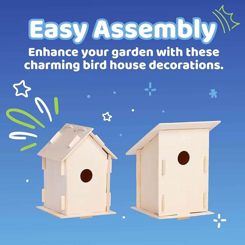 Neliblu DIY 12 Wooden Bird House Kits - Creative Arts and Crafts Set for Kids and Adults - Unfinished Wood Birdhouses with Paint Strips, Brushes, Stickers and Strings - 3 Unique Shapes, 2 Sizes - Image 6