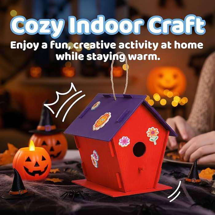 Neliblu DIY 12 Wooden Bird House Kits - Creative Arts and Crafts Set for Kids and Adults - Unfinished Wood Birdhouses with Paint Strips, Brushes, Stickers and Strings - 3 Unique Shapes, 2 Sizes - Image 7