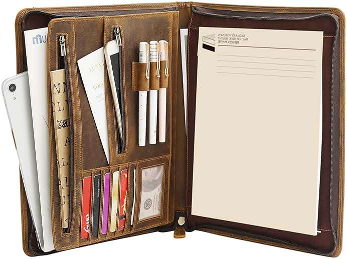 Ringsun Leather Portfolio Organizer with Zipper for Men Women, Leather Padfolio Business Resume Legal Pad Portfolio Notebook Binder for A4/Pad, Brown - Image 1