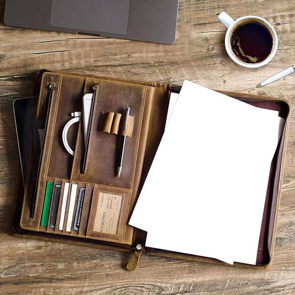 Ringsun Leather Portfolio Organizer with Zipper for Men Women, Leather Padfolio Business Resume Legal Pad Portfolio Notebook Binder for A4/Pad, Brown - Image 2