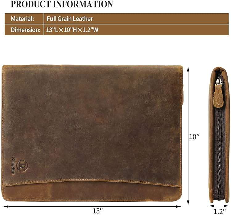 Ringsun Leather Portfolio Organizer with Zipper for Men Women, Leather Padfolio Business Resume Legal Pad Portfolio Notebook Binder for A4/Pad, Brown - Image 3