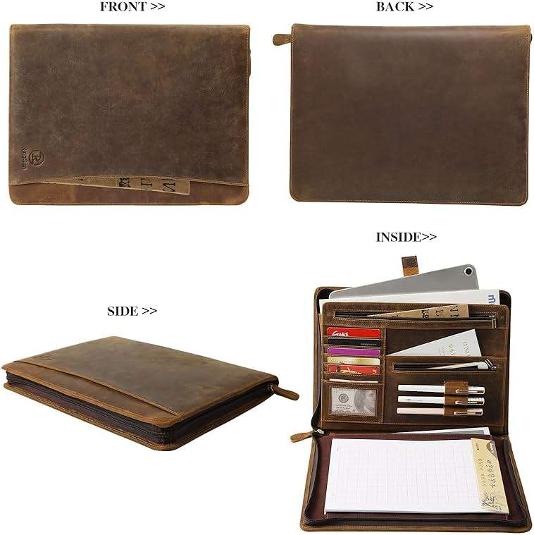 Ringsun Leather Portfolio Organizer with Zipper for Men Women, Leather Padfolio Business Resume Legal Pad Portfolio Notebook Binder for A4/Pad, Brown - Image 4