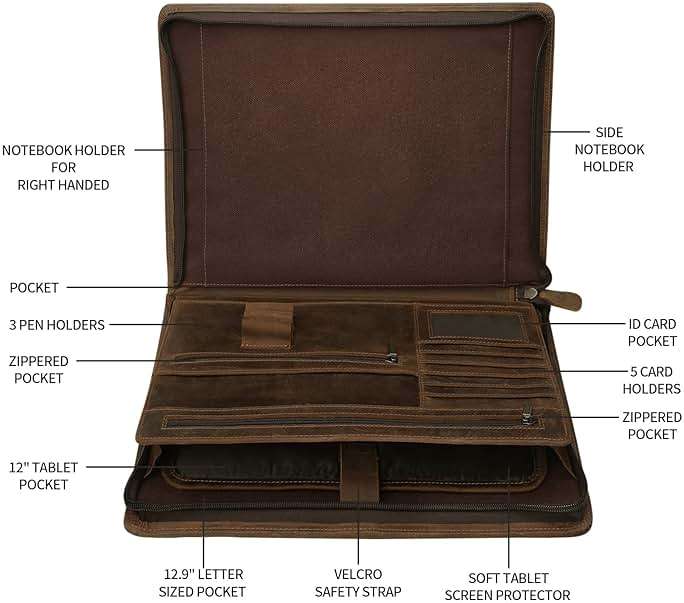 Ringsun Leather Portfolio Organizer with Zipper for Men Women, Leather Padfolio Business Resume Legal Pad Portfolio Notebook Binder for A4/Pad, Brown - Image 5