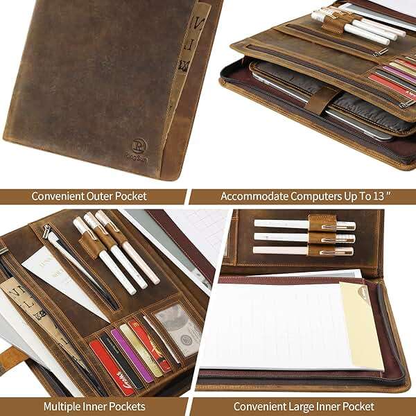 Ringsun Leather Portfolio Organizer with Zipper for Men Women, Leather Padfolio Business Resume Legal Pad Portfolio Notebook Binder for A4/Pad, Brown - Image 6