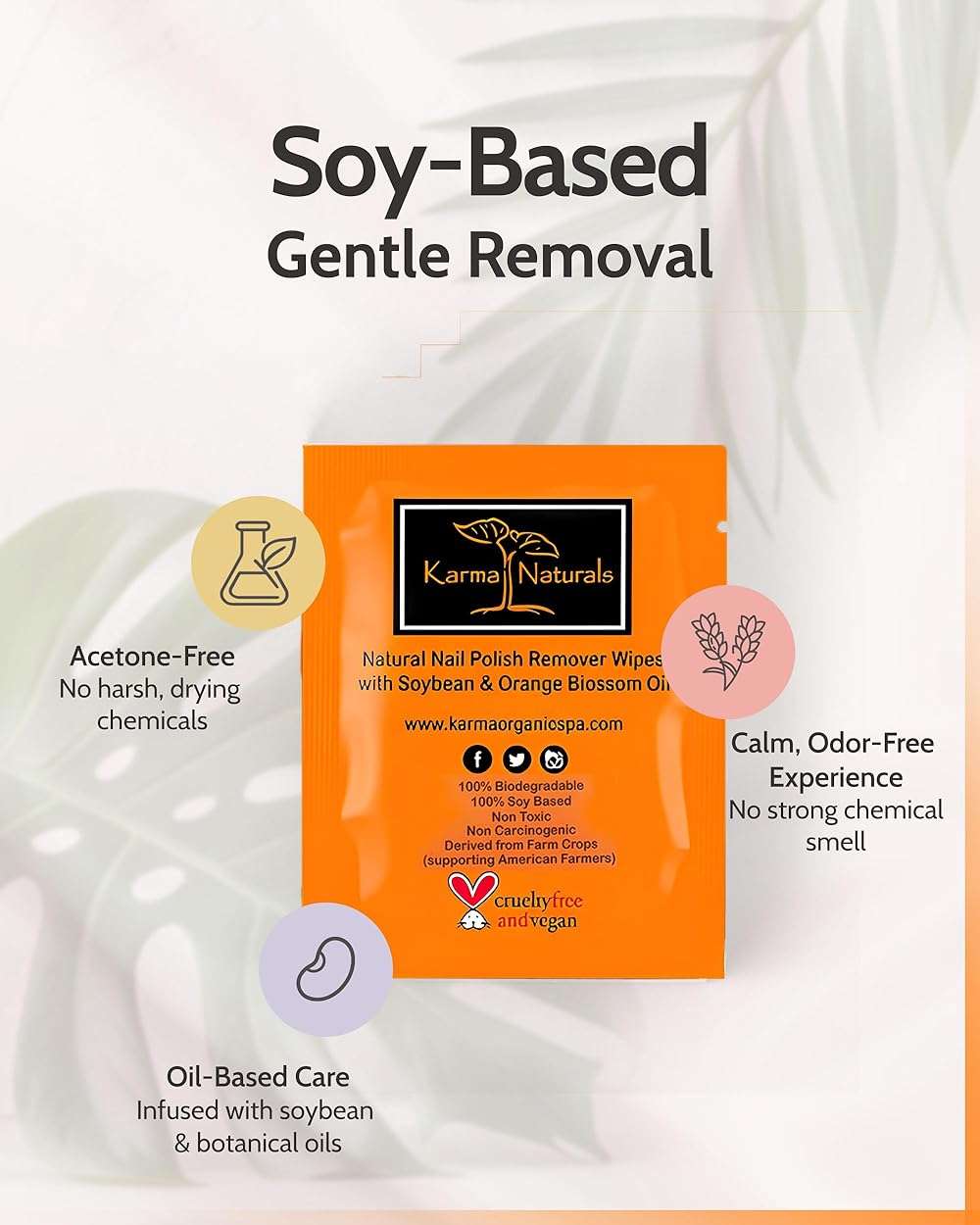 Nail Polish Remover Wipes with Soybean & Orange Blossom Oil - 10 pcs Non-Toxic Nail Polish Remover Wipes - Soy Based Individually Wrapped Pads for Home & Professional Use by Karma Organic - Image 2