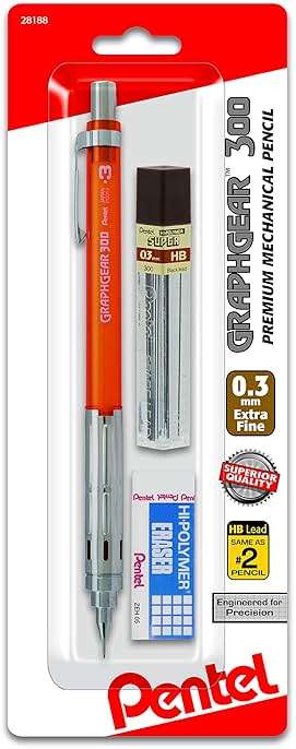 Pentel Arts GraphGear 300 Mechanical Pencil, (0.3mm) Extra-fine line, Orange Barrel, w/small block eraser + 1 lead tube - Image 1