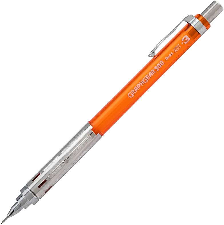 Pentel Arts GraphGear 300 Mechanical Pencil, (0.3mm) Extra-fine line, Orange Barrel, w/small block eraser + 1 lead tube - Image 2