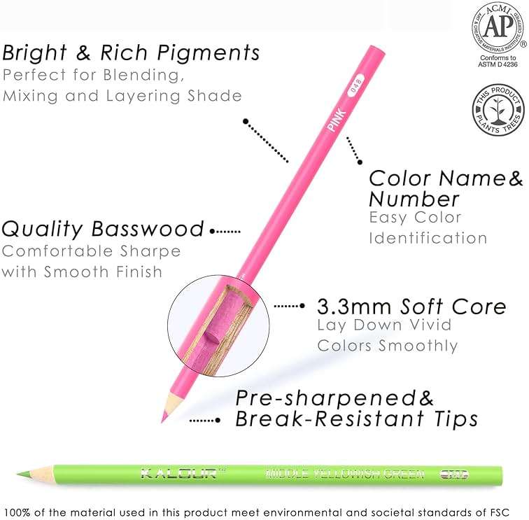 KALOUR 180 Colored Pencil Set for Adults Artists - Rich Pigment Soft Core -12 Metallic Pencil - Ideal for Coloring Drawing Sketching Shading Blending - Vibrant Color（Tin Case） - Image 3