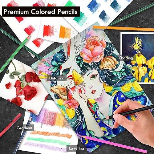 KALOUR 180 Colored Pencil Set for Adults Artists - Rich Pigment Soft Core -12 Metallic Pencil - Ideal for Coloring Drawing Sketching Shading Blending - Vibrant Color（Tin Case） - Image 4