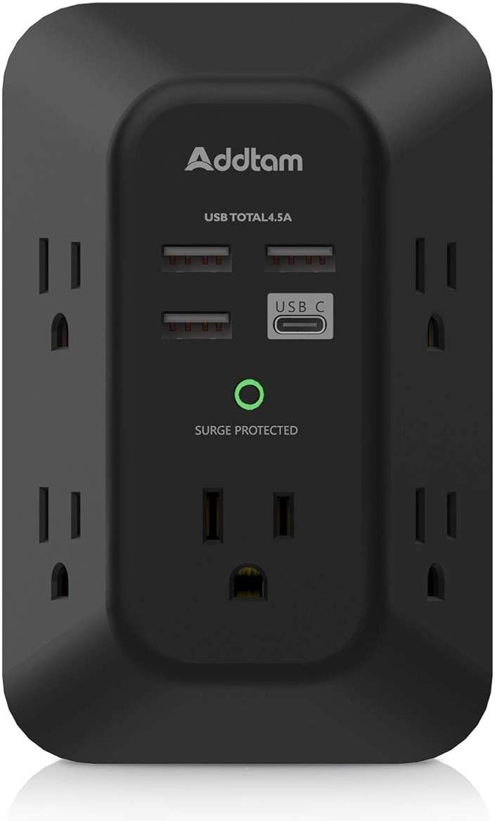 USB Wall Charger Surge Protector - Addtam 5 Outlet Extender with 4 USB Charging Ports (1 USB C), 3-Sided 1800J Power Strip Multi Plug Outlets Adapter Widely Spaced,Black - Image 1