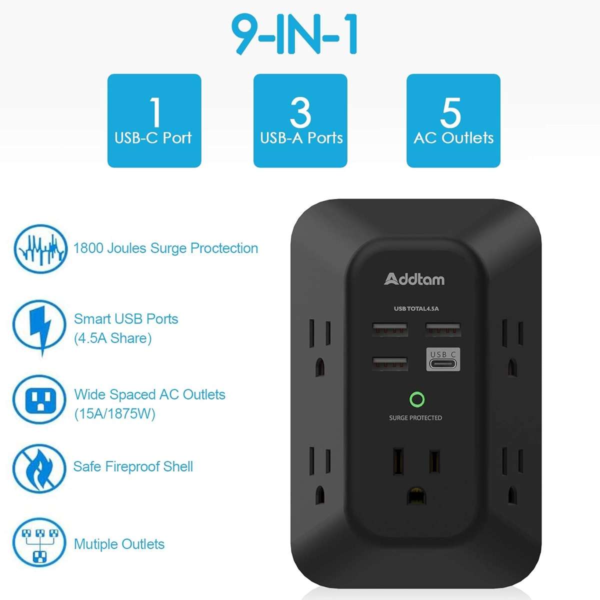 USB Wall Charger Surge Protector - Addtam 5 Outlet Extender with 4 USB Charging Ports (1 USB C), 3-Sided 1800J Power Strip Multi Plug Outlets Adapter Widely Spaced,Black - Image 2