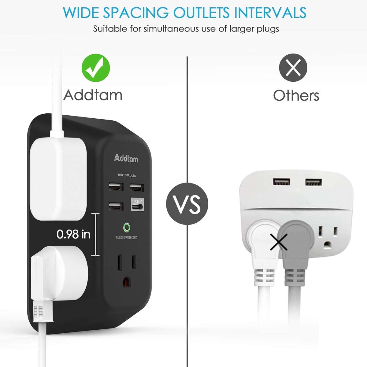 USB Wall Charger Surge Protector - Addtam 5 Outlet Extender with 4 USB Charging Ports (1 USB C), 3-Sided 1800J Power Strip Multi Plug Outlets Adapter Widely Spaced,Black - Image 5