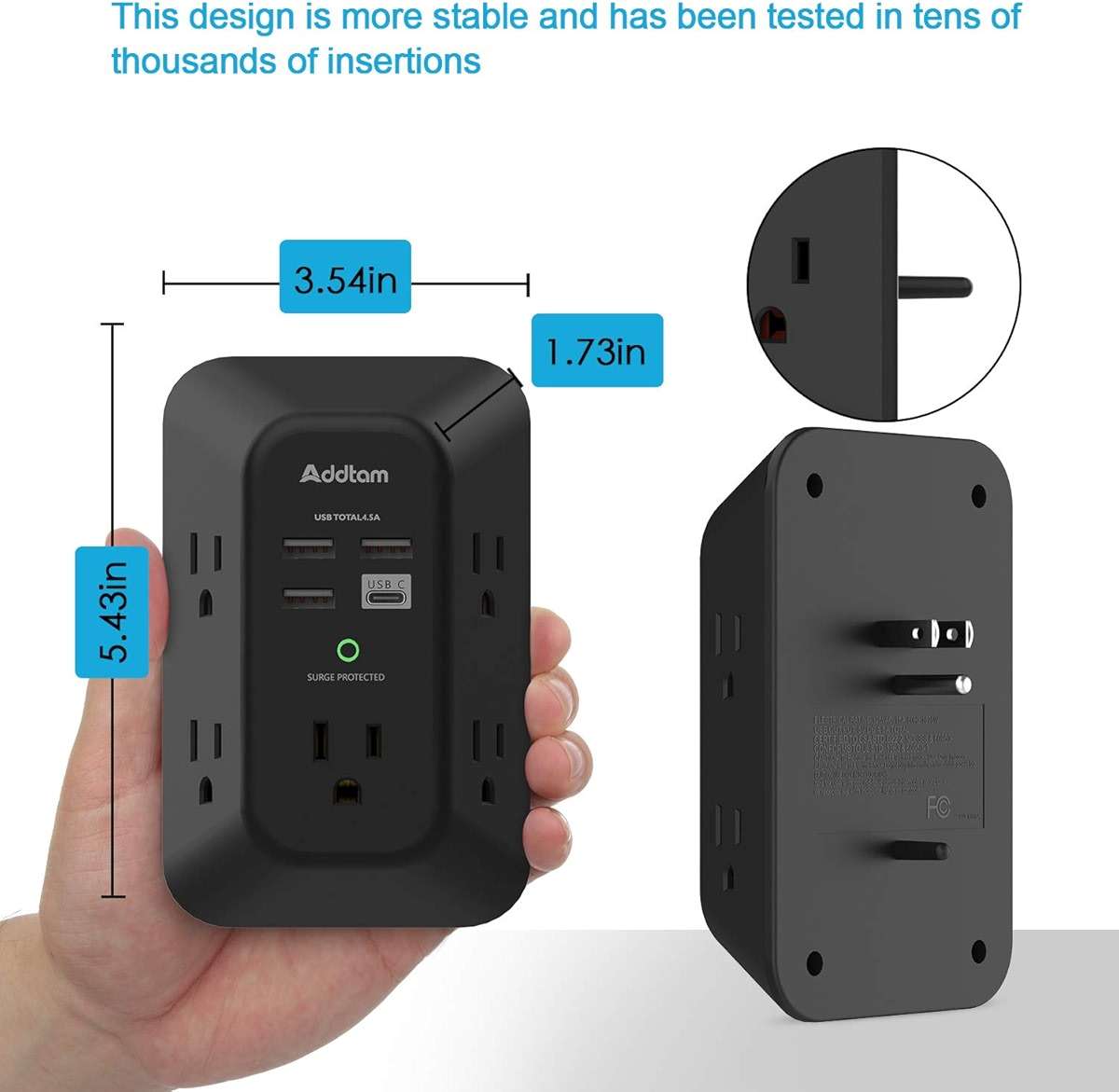 USB Wall Charger Surge Protector - Addtam 5 Outlet Extender with 4 USB Charging Ports (1 USB C), 3-Sided 1800J Power Strip Multi Plug Outlets Adapter Widely Spaced,Black - Image 6