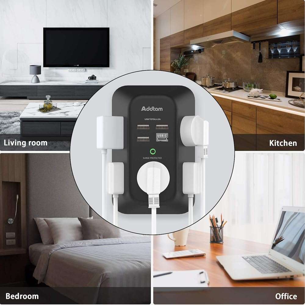 USB Wall Charger Surge Protector - Addtam 5 Outlet Extender with 4 USB Charging Ports (1 USB C), 3-Sided 1800J Power Strip Multi Plug Outlets Adapter Widely Spaced,Black - Image 7