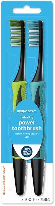 Amazon Basics Soft Electric Toothbrushes for Adults, Pulsating Deep Cleaning, Plaque Removal, Sensitive Gums, Battery Powered, Soft Bristles, 2 Count, Assorted Colors - Image 1