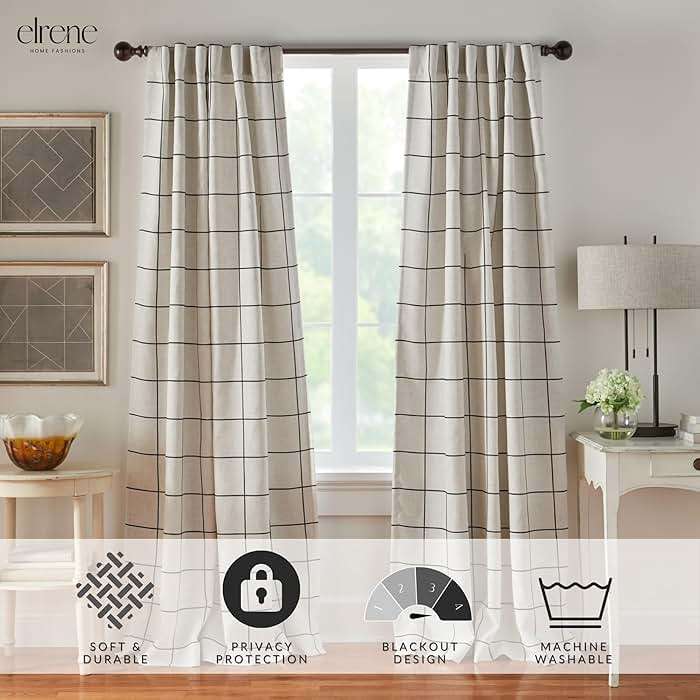 Elrene Home Fashions Brighton Windowpane Plaid Blackout Window Curtain, Living Room and Bedroom Drape with Rod Pocket Tabs, 52" x 95", 1 Panel, Black - Image 2