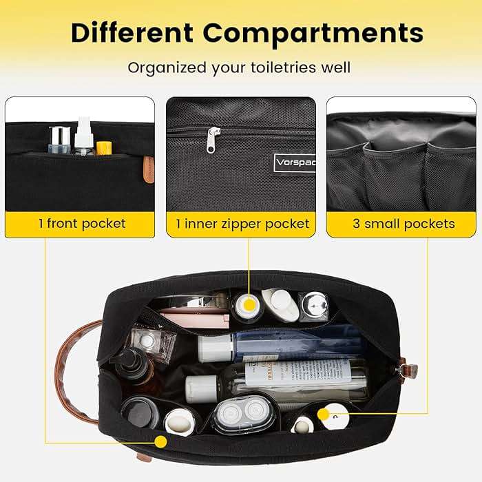 Vorspack Travel Toiletry Bag - Hanging Toiletry Bag for Men Water Resistant Canvas Shaving Bag with Large Capacity for Travel - Black - Image 3