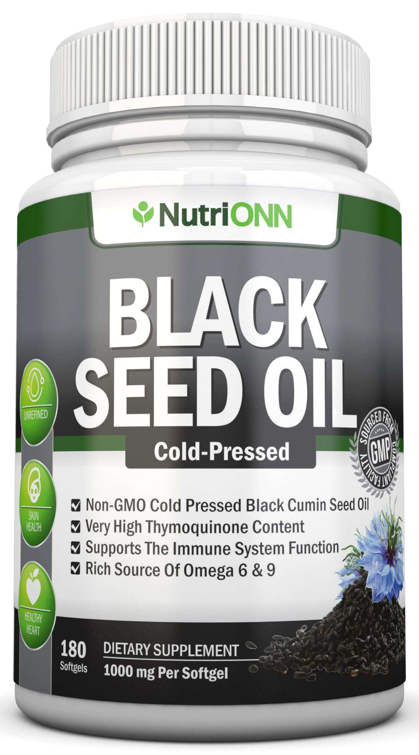 Black Seed Oil - 1000 Mg - 180 Softgels - Cold-Pressed Non-GMO Black Cumin Seed Capsules - Super High Thymoquinone Content - Nigella Sativa - Rich in Omega 6 & 9 Fatty Acids - Immune Health Support - Image 1