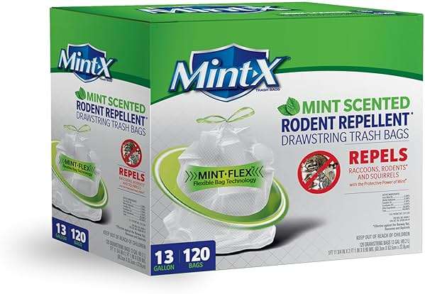 Mint -X Rodent Repellent Indoor Tall Kitchen Drawstring Trash Bags with Mint-Flex Technology; 13 Gallon, 120 Count, White - Image 1