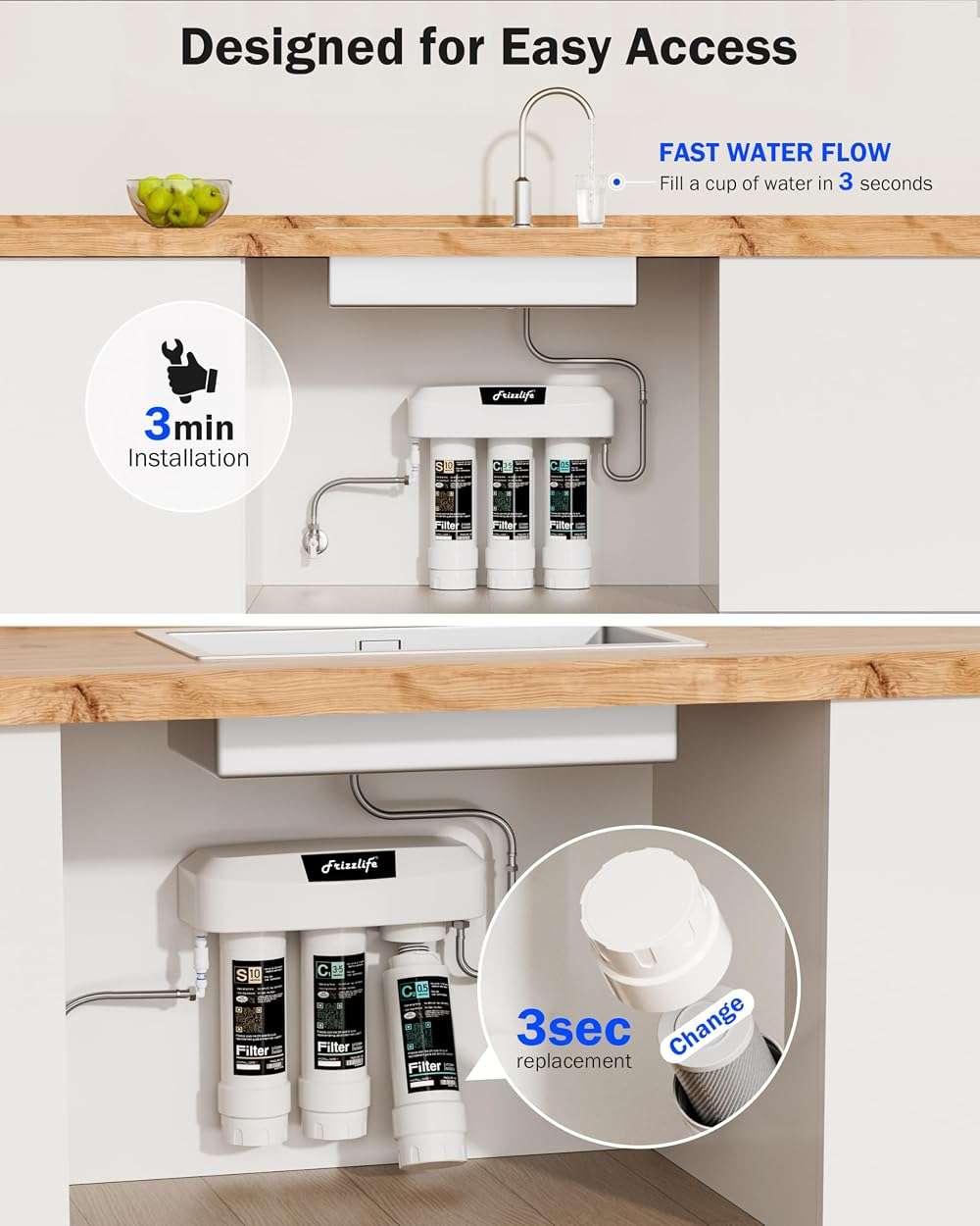 Frizzlife Under Sink Water Filter System, NSF/ANSI 53&42&372 Certified, 8 Layer 0.5 Micron Water Filtration Reduce Chloramine, PFOA/PFOS, Lead, Chlorine, Bad Taste & Odor, Under Counter, SK99-NEW - Image 7