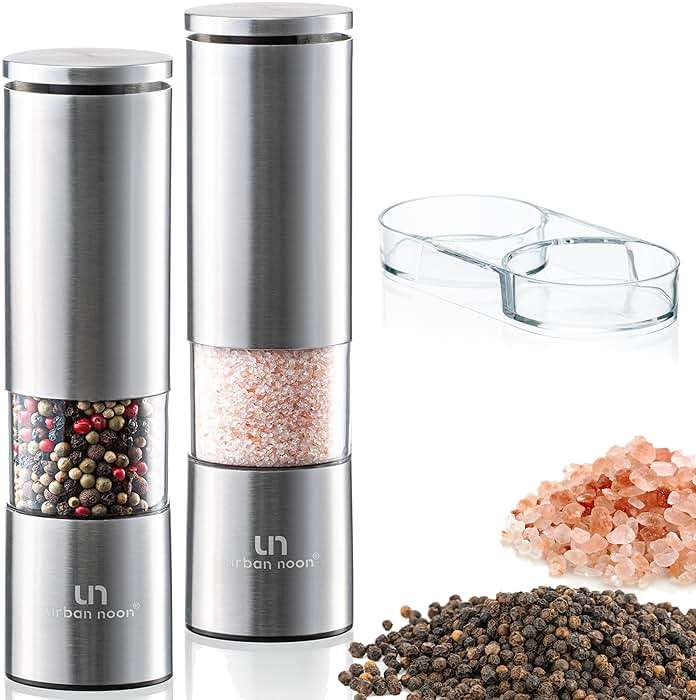 Salt and Pepper Grinder Set - Stainless Steel Pepper Grinder and Salt Grinder with Tray in Luxurious Gift-Box - Manual Mills with Ceramic Grinders and Adjustable Coarseness (Set of 2 plus Tray) - Image 1
