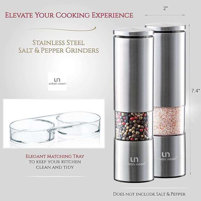 Salt and Pepper Grinder Set - Stainless Steel Pepper Grinder and Salt Grinder with Tray in Luxurious Gift-Box - Manual Mills with Ceramic Grinders and Adjustable Coarseness (Set of 2 plus Tray) - Image 3