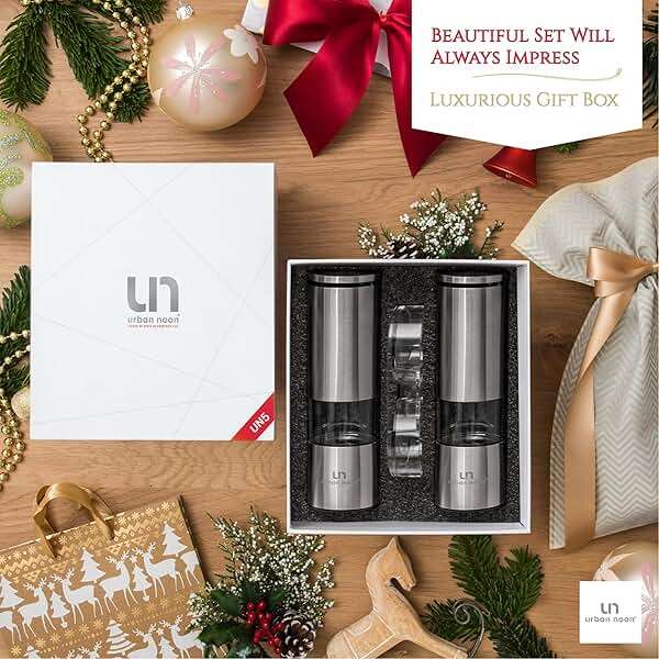Salt and Pepper Grinder Set - Stainless Steel Pepper Grinder and Salt Grinder with Tray in Luxurious Gift-Box - Manual Mills with Ceramic Grinders and Adjustable Coarseness (Set of 2 plus Tray) - Image 4