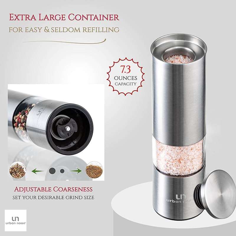 Salt and Pepper Grinder Set - Stainless Steel Pepper Grinder and Salt Grinder with Tray in Luxurious Gift-Box - Manual Mills with Ceramic Grinders and Adjustable Coarseness (Set of 2 plus Tray) - Image 6