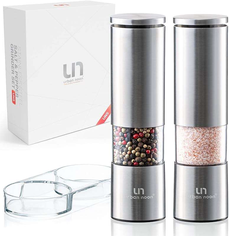 Salt and Pepper Grinder Set - Stainless Steel Pepper Grinder and Salt Grinder with Tray in Luxurious Gift-Box - Manual Mills with Ceramic Grinders and Adjustable Coarseness (Set of 2 plus Tray) - Image 8