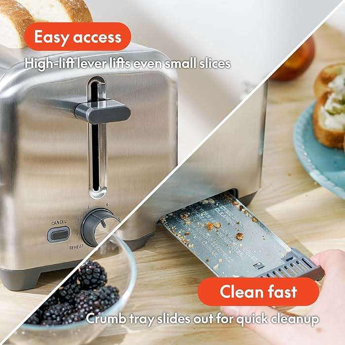 bella Stainless Steel 2 Slice Toaster with Extra Wide Slots & Removable Crumb Tray - 6 Browning Options, Auto Shut Off & Reheat Function - Toast Bread, Bagel & Waffle - Image 5