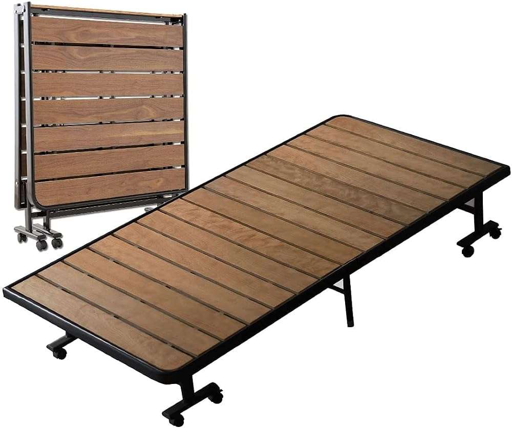 EMOOR Wood Slatted Folding Rollaway Platform Bed SUNOKO-MEHOL Twin for Japanese Futon Mattress (Walnut), Foldable Sleeping Bed Guest Student Dormitory Tatami Mat - Image 1