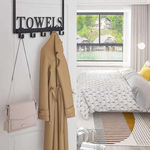 Kuhome Over The Door Hooks, Towel Holder for Bathroom, Door Mount Towel Rack Towel Hooks for Bedroom Beach Towels Bathrobe Wall Mount Hang on The Door Cabinet Cupboard Metal Sandblasted (Black) - Image 5