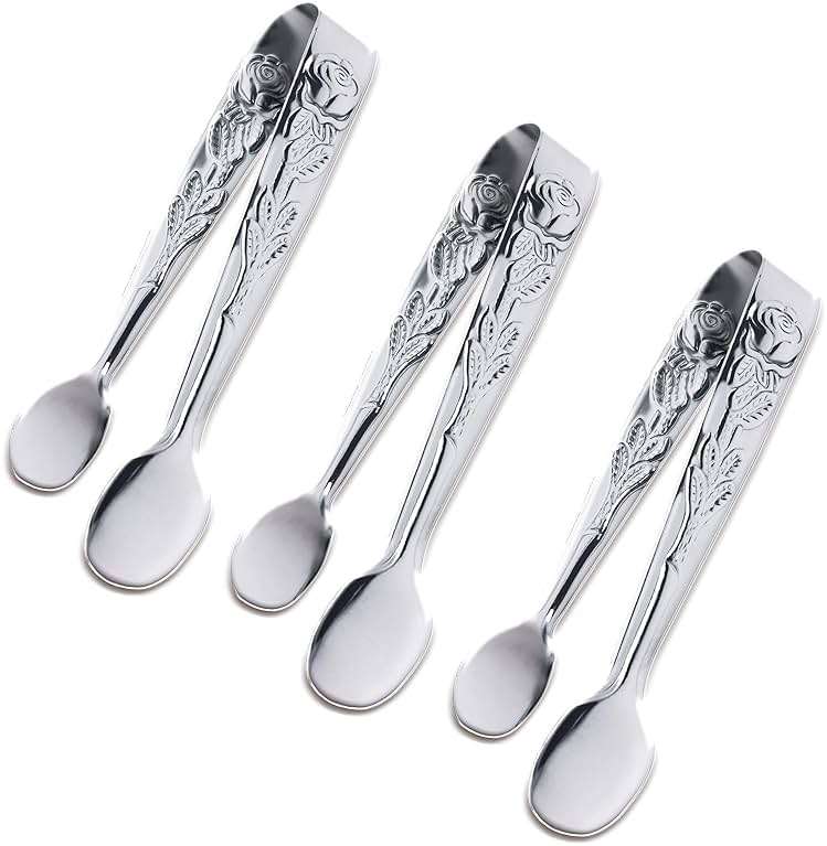 3PCS Mini Serving Tongs, 4Inch Rose Stainless Steel Sugar Cube Tongs, Sliver Small Ice Tong for Tea and Coffee Party, Appetizers, Desserts by Sunenlyst (Silver) - Image 1
