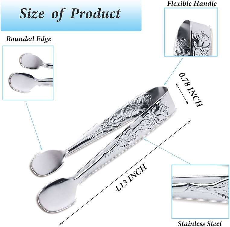 3PCS Mini Serving Tongs, 4Inch Rose Stainless Steel Sugar Cube Tongs, Sliver Small Ice Tong for Tea and Coffee Party, Appetizers, Desserts by Sunenlyst (Silver) - Image 3